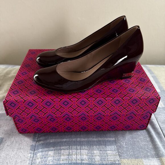 Tory Burch Wine Burgundy Wedge Patent Leather Sole Women's Heels Sz 6M - Picture 1 of 16